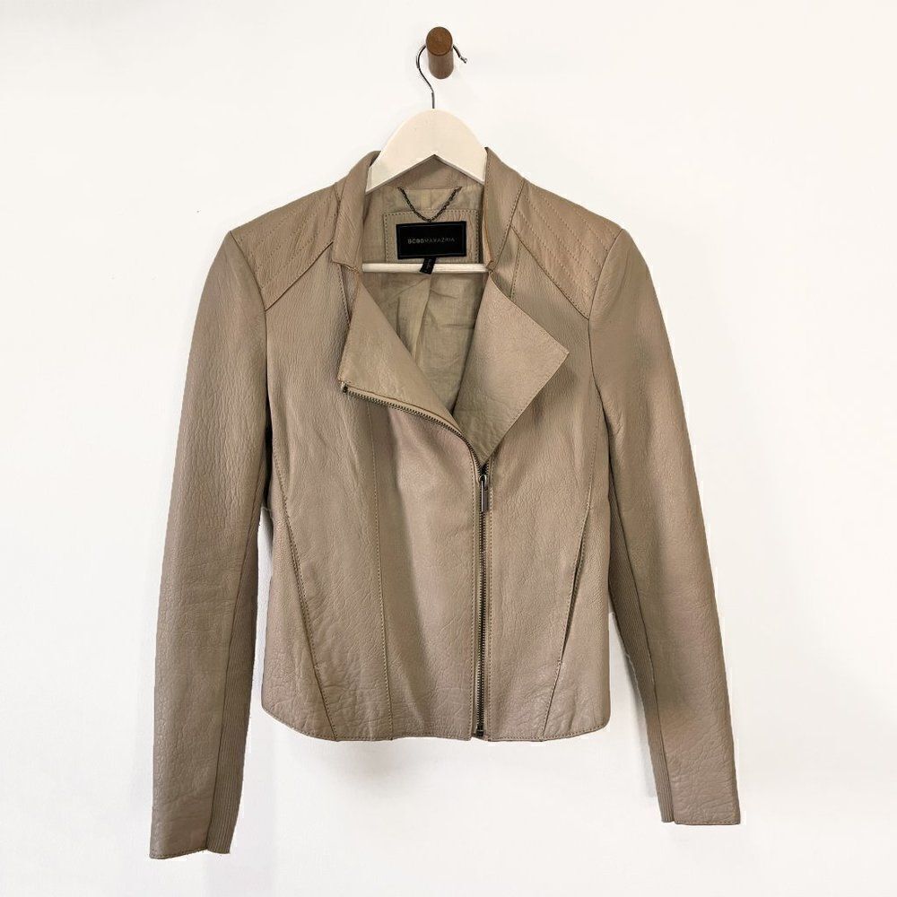 BCBGMaxAzria Cleo Genuine Leather Moto Jacket in Putty